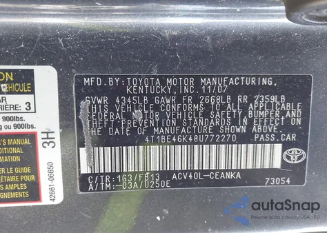 2008 Toyota Camry Le из США, поврежденный, VIN 4T1BE46K48U772270